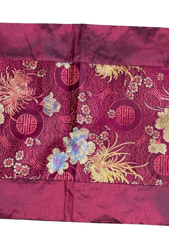 Estate Other - Floral Embroidered Satin Table Runner Oriental Flowers Tassels Red78" Long